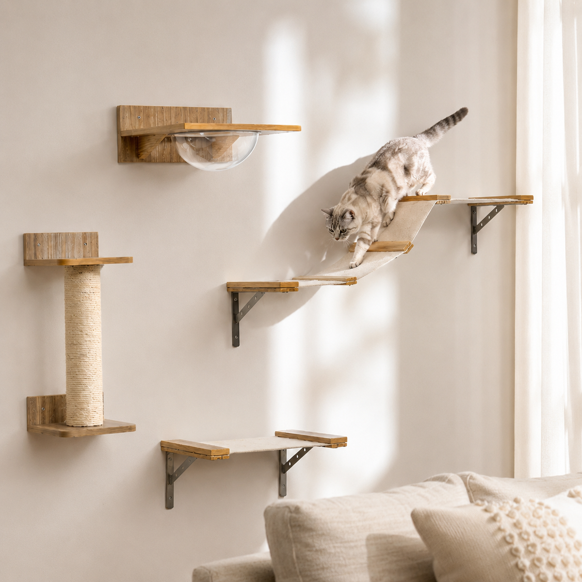 Arbre à Chat Mural en Bois avec Hamac et Passerelle