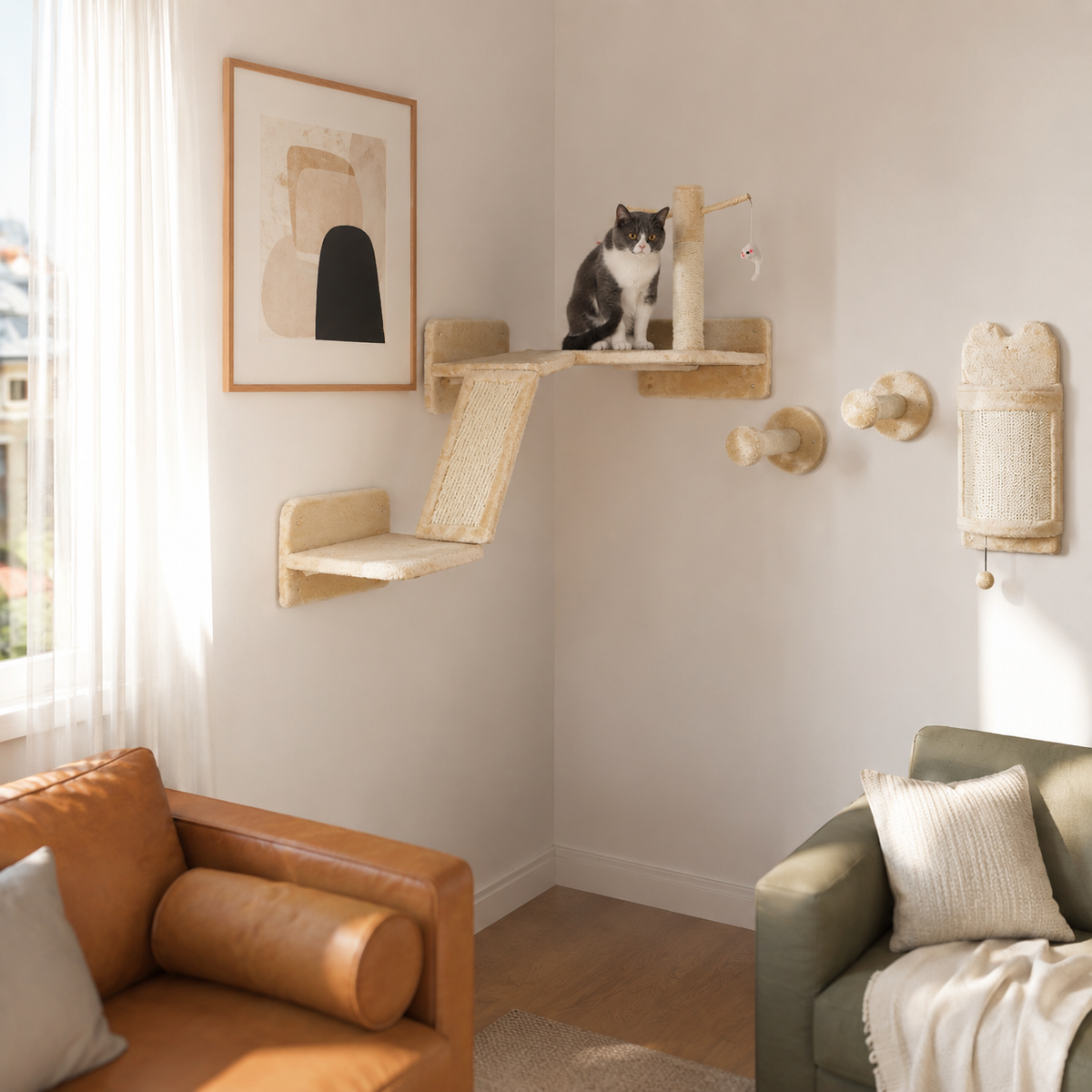 Arbre à Chat Mural Beige 4 Modules avec Rampe Griffoir et Poteau Sisal