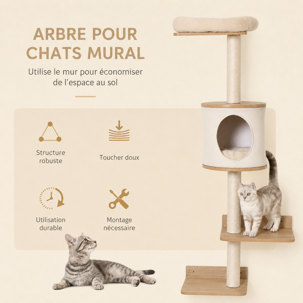 Arbre à Chat Mural avec Grattoir et Coussin