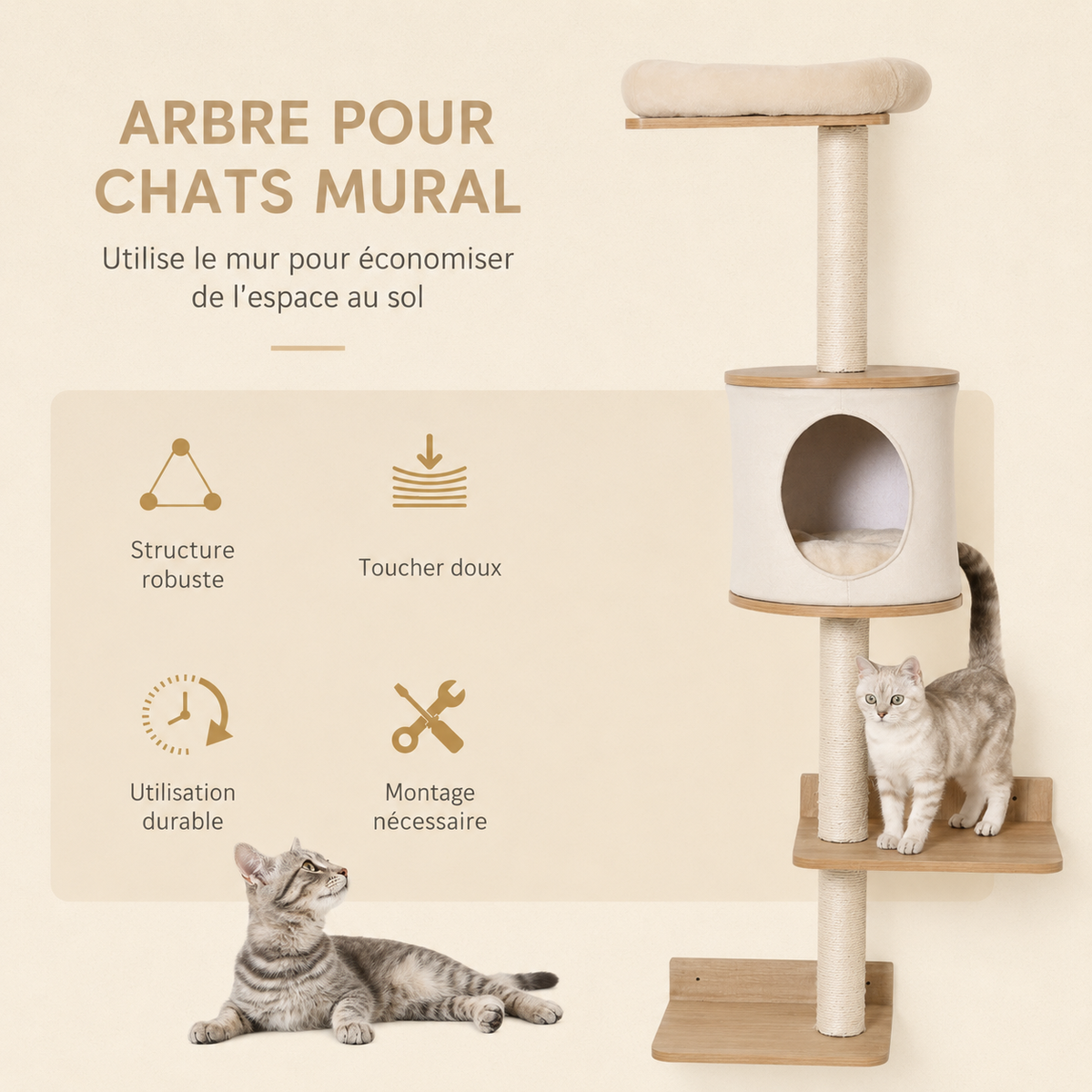 Arbre à Chat Mural avec Grattoir et Coussin