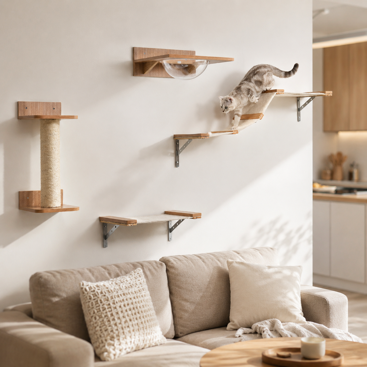 Arbre à Chat Mural en Bois avec Hamac et Passerelle