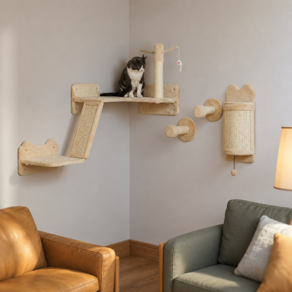 Arbre à Chat Mural Beige 4 Modules avec Rampe Griffoir et Poteau Sisal