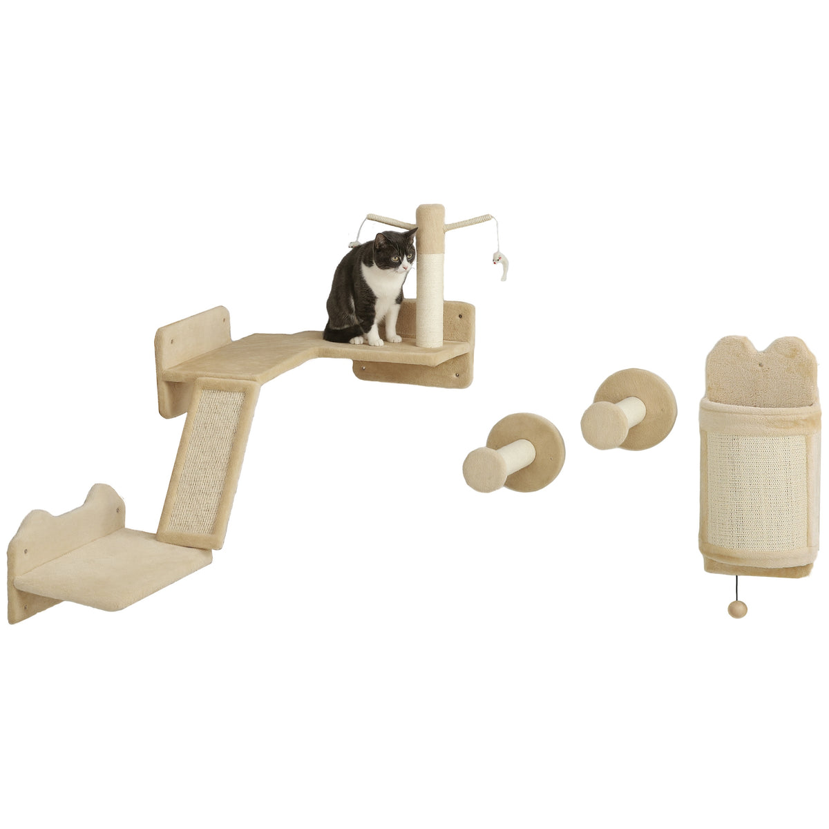 Arbre à Chat Mural Beige 4 Modules avec Rampe Griffoir et Poteau Sisal
