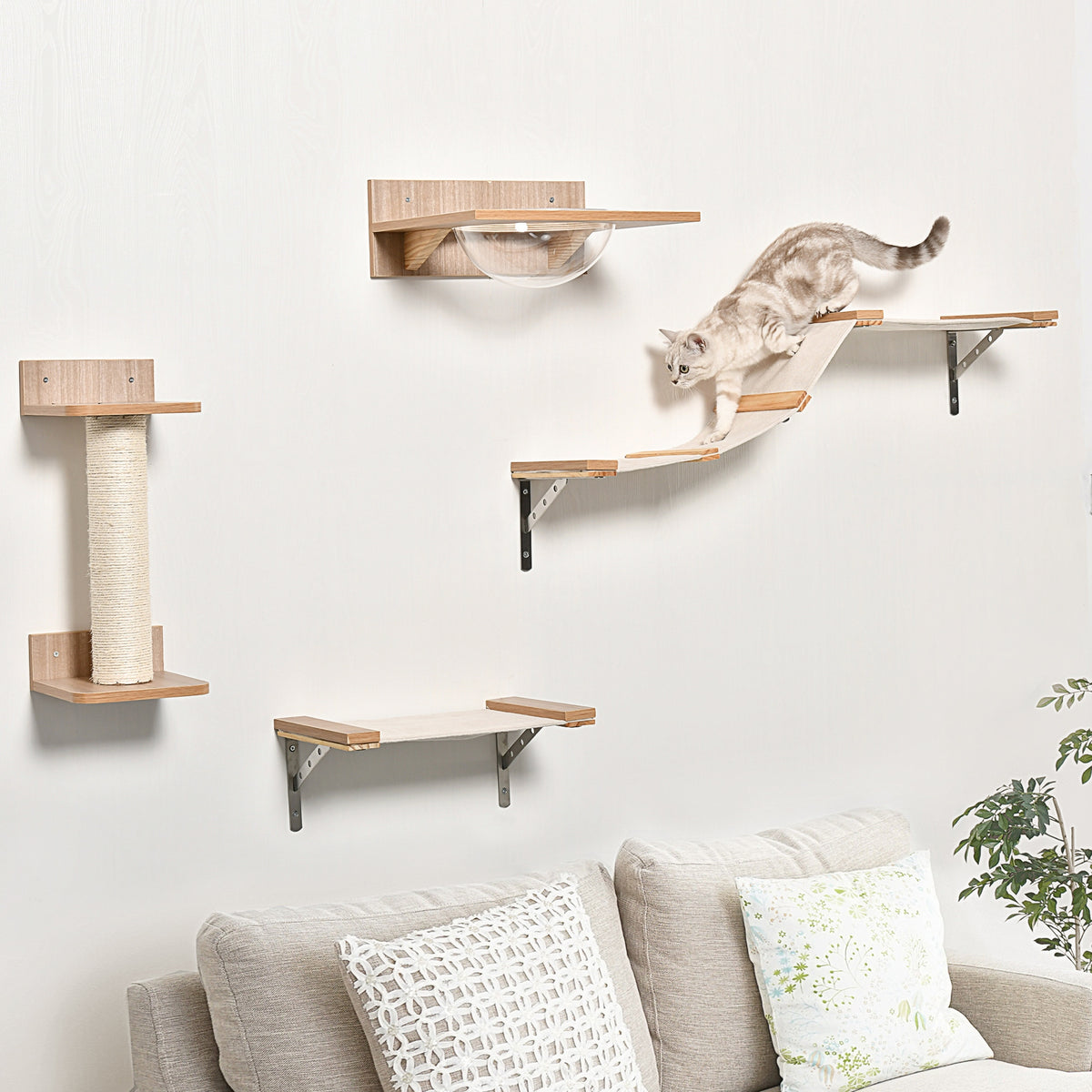 Arbre à Chat Mural en Bois avec Hamac et Passerelle