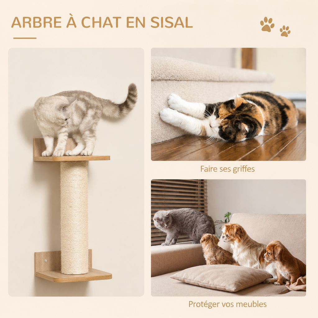 Arbre à Chat Mural en Bois avec Hamac et Passerelle
