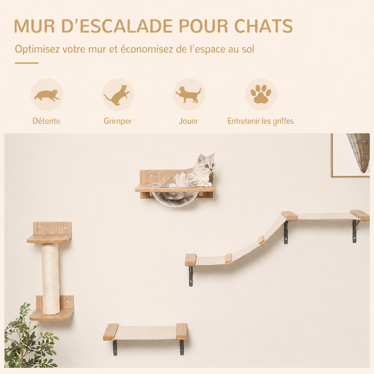 Arbre à Chat Mural en Bois avec Hamac et Passerelle
