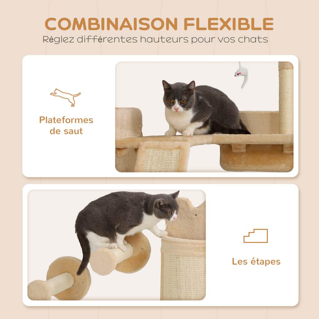 Arbre à Chat Mural Beige 4 Modules avec Rampe Griffoir et Poteau Sisal