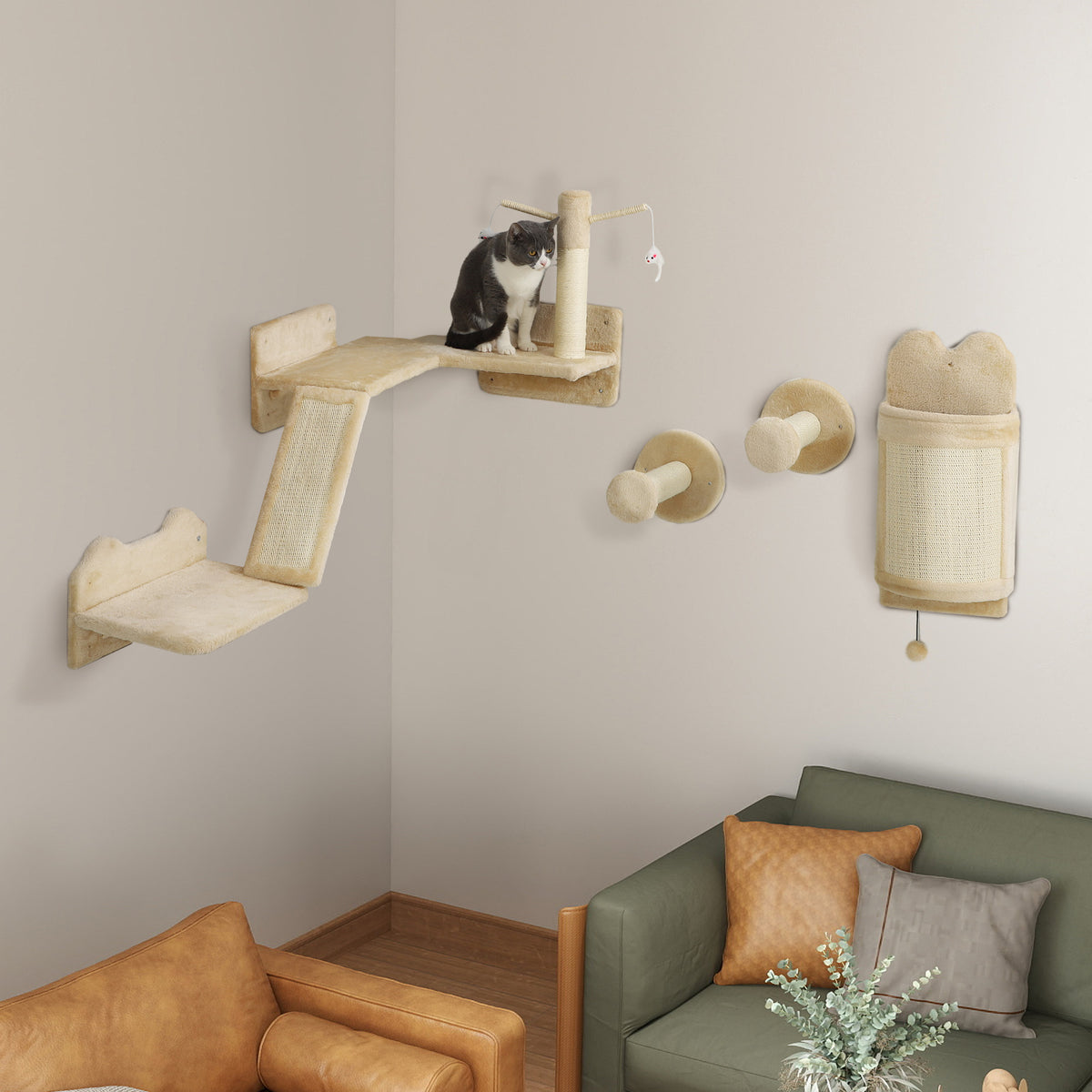Arbre à Chat Mural Beige 4 Modules avec Rampe Griffoir et Poteau Sisal